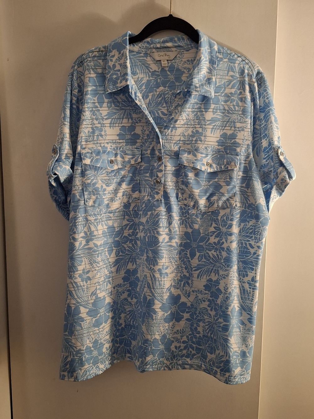 Coral Bay Women's Blue Floral Short Sleeve Popover Top